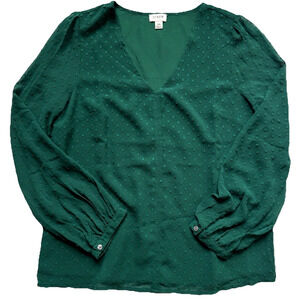 J.Crew Women's Size XS Green Swiss Dot Long Sleeve V Neck Lined Top Blouse